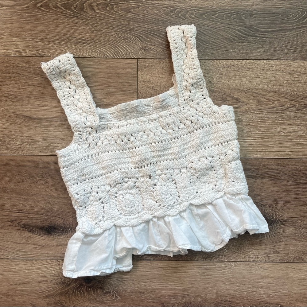 White Crochet Ruffle Tank Top - Women